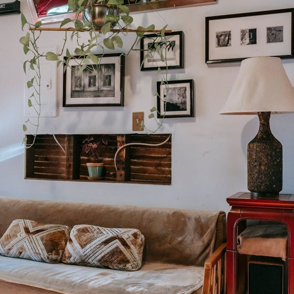 Cozy corner of a room with a cushion and a plant.